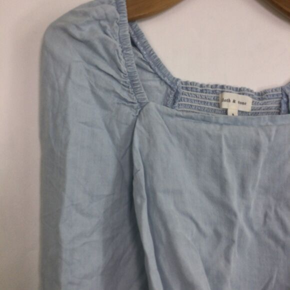 Cloth & Stone Cropped Smocked Back Puff Sleeve Chambray Shirt Top Blue Sz Small - Picture 5 of 13